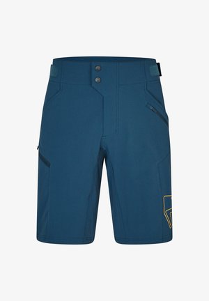 Bermude albastre dintr-un material cu textură netedă. Au două nasturi, multiple buzunare și un detaliu cu un logo portocaliu pe lateral.