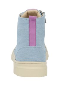 Light blue textile ankle boots featuring a purple elastic pull tab at the back, cream rubber sole, and smooth tan interior lining.