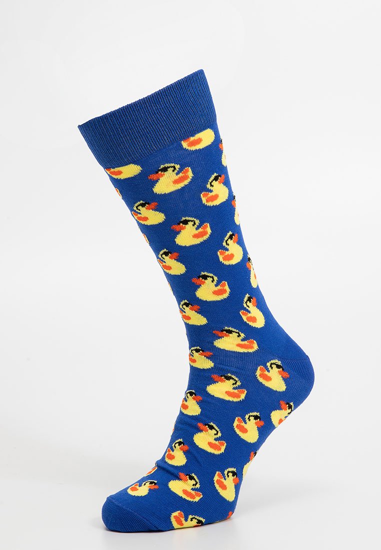 Blaue Baumwollsocke mit einem sich wiederholenden Muster aus gelben Gummienten mit schwarzen Akzenten. Gerippter Bund oben für zusätzlichen Stretch.