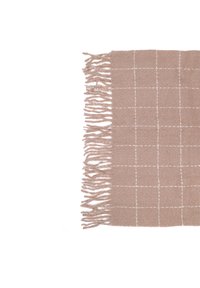 Sciarpa di lana beige con motivo a griglia bianco e frange, piegata piatta su uno sfondo bianco.