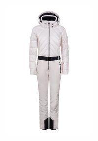 Vêtement de ski isolé blanc avec un haut matelassé, capuche attachée, accents noirs, fermeture éclair à l'avant et poches latérales. Doté d'une ceinture de taille ajustée.