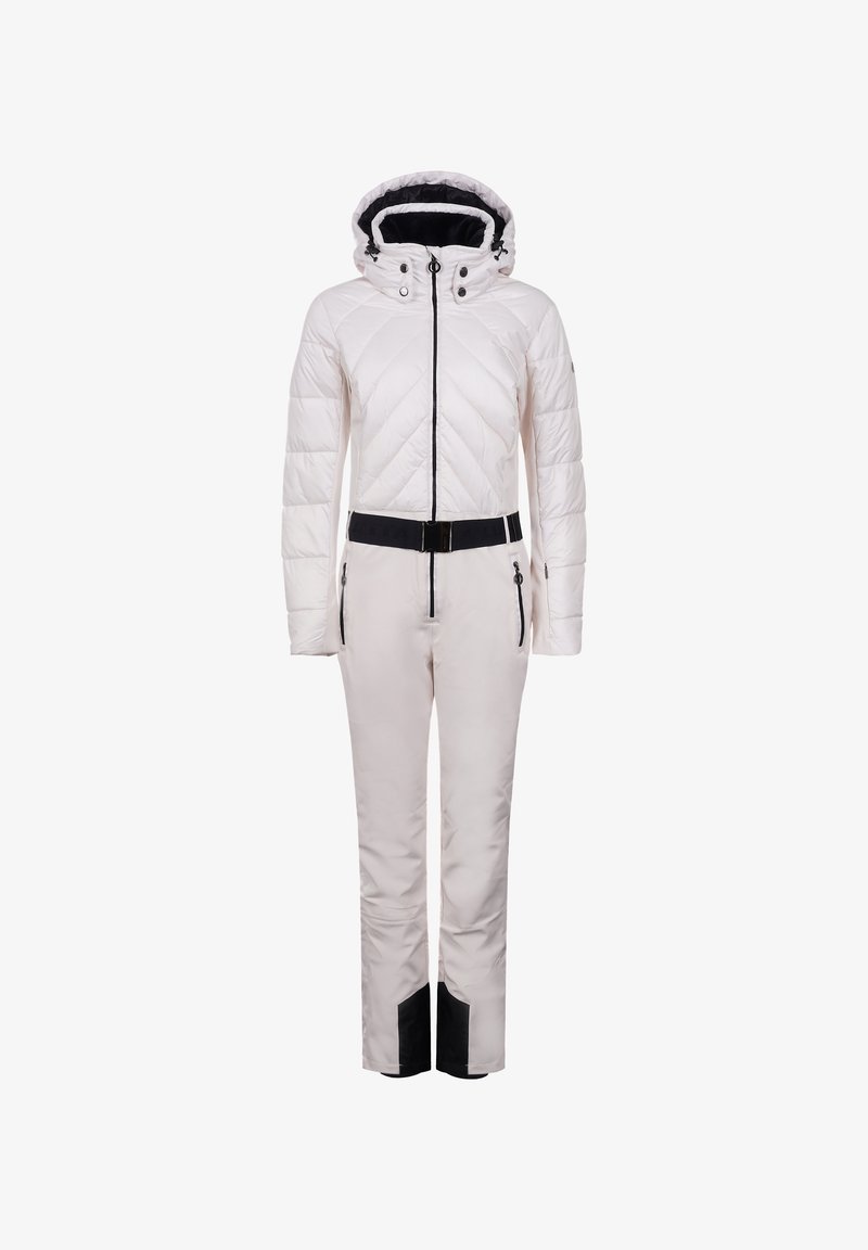 Vêtement de ski isolé blanc avec un haut matelassé, capuche attachée, accents noirs, fermeture éclair à l'avant et poches latérales. Doté d'une ceinture de taille ajustée.