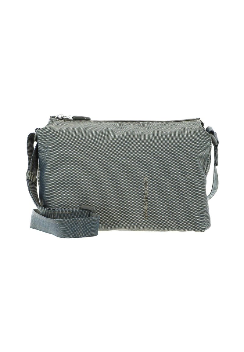 Sac bandoulière gris texturé avec fermeture éclair, sangle réglable et détail de logo discret à l'avant. Matériau durable avec une forme structurée.