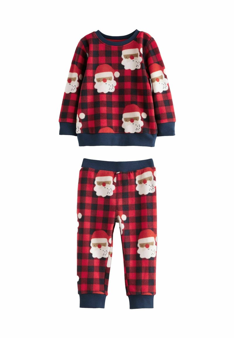Rot-schwarzes Karomuster-Pyjama-Set, bestehend aus einem weichen Fleece-Material mit Santa Claus-Designs. Enthält ein langärmeliges Oberteil und passende Hose.
