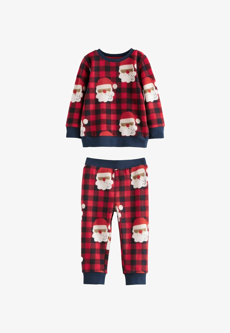 Red and black plaid pajama set, featuring a soft fleece texture with Santa Claus designs. Includes long-sleeve top and matching pants.
