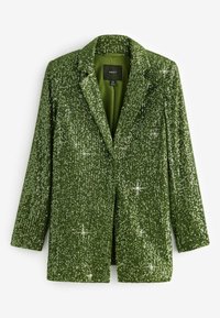 Groene blazer bedekt met pailletten, met een klassieke kraag, lange mouwen en een enkele knoopsluiting aan de voorkant. Voering aan de binnenkant.