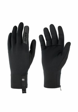 Par de guantes ligeros negros con logo de marca en el dedo índice y lazo de muñeca, diseñados para uso en exteriores o deportivo.