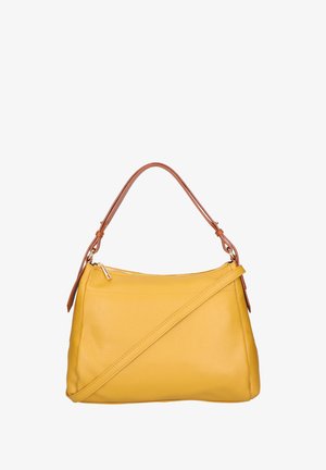 Gelbe Lederhandtasche mit strukturierter Oberfläche, ausgestattet mit einem braunen Schultergurt und einem verstellbaren Umhängegurt, Reißverschlussverschluss und flachem Boden.