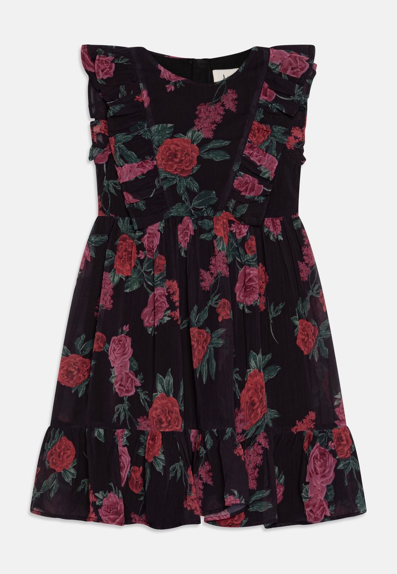 Vestido floral com fundo preto, apresentando rosas vermelhas e cor-de-rosa. Mangas franzidas e uma saia em camadas com barra rodada.