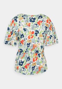 Blommig blus med korta puffärmar, med ett flerfärgat mönster av blått, rött, grönt och orange på en ljus bakgrund. Elastisk midjedetalj.