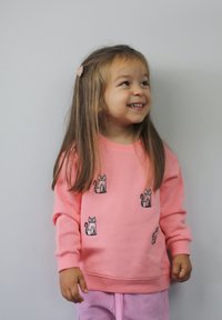 Felpa rosa con ricami di gatti, maniche lunghe, colletto rotondo e una consistenza morbida. Indossata con pantaloni rosa chiaro e una molletta per capelli.