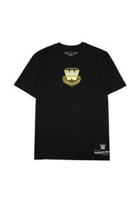 Schwarzes Baumwoll-T-Shirt mit einem goldenen und weißen "W"-Logo sowie dem Text "LEGENDS" auf der Brust; beinhaltet ein kleines weißes Markenetikett am Saum.
