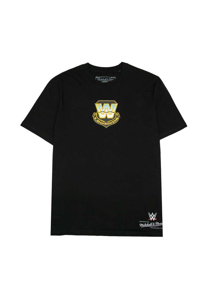 Schwarzes Baumwoll-T-Shirt mit einem goldenen und weißen "W"-Logo sowie dem Text "LEGENDS" auf der Brust; beinhaltet ein kleines weißes Markenetikett am Saum.
