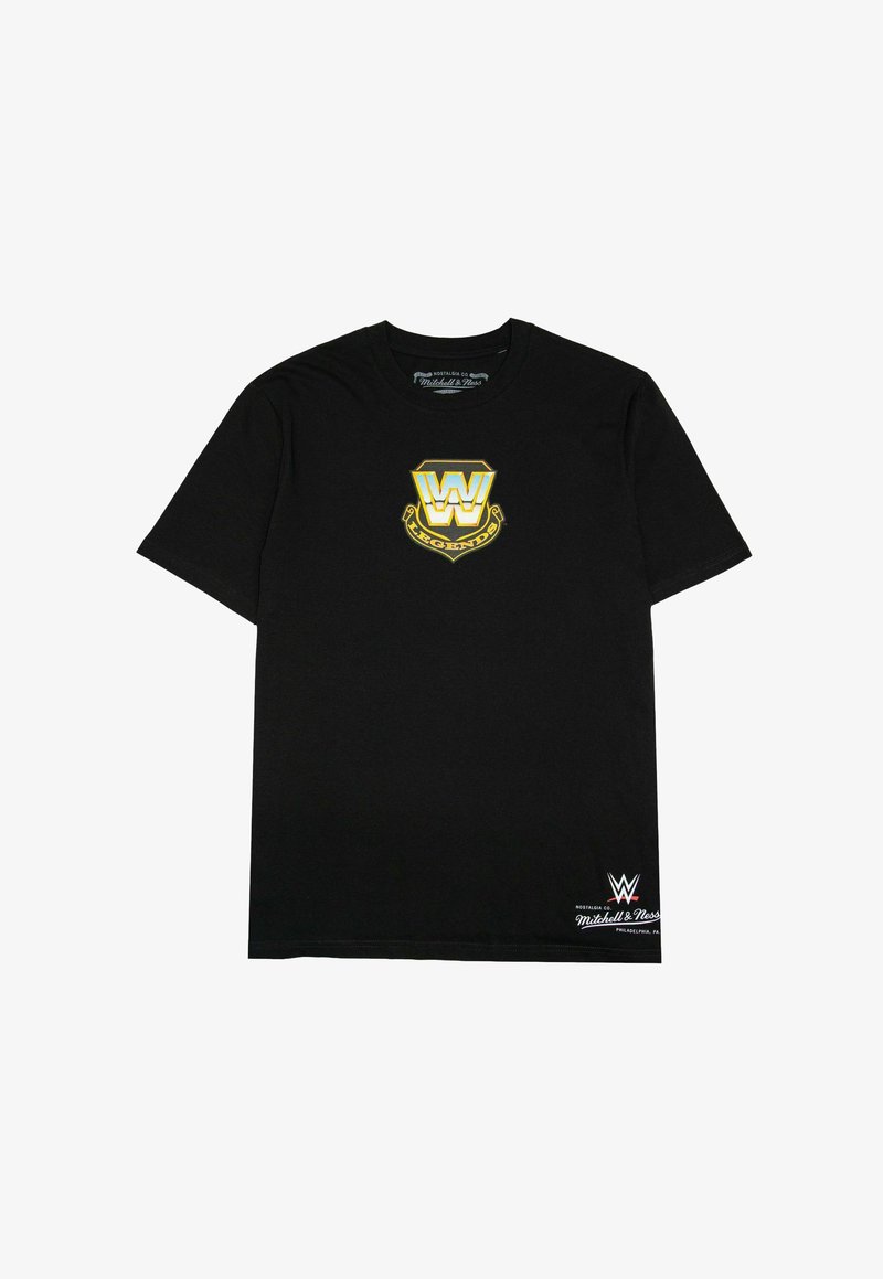 Schwarzes Baumwoll-T-Shirt mit einem goldenen und weißen "W"-Logo sowie dem Text "LEGENDS" auf der Brust; beinhaltet ein kleines weißes Markenetikett am Saum.