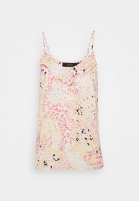 Kwiatowy top bez rękawów z falbanką przy dekolcie, wykonany z lekkiego materiału. Cechuje się pastelową paletą kolorów w odcieniach różu, żółci i czarnych akcentów.