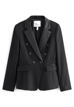 Blazer noir croisé avec revers en satin, six boutons, poches à rabat et une étiquette à l'intérieur du col.