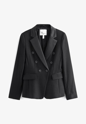 Zwarte dubbelgeknoopte blazer met satijnen revers, zes knopen, klepzakken en een label aan de binnenkant van de kraag.