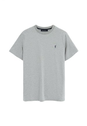 T-shirt grigio chiaro a maniche corte con scollo a girocollo e piccolo logo scuro di giocatore di polo sul petto a sinistra.