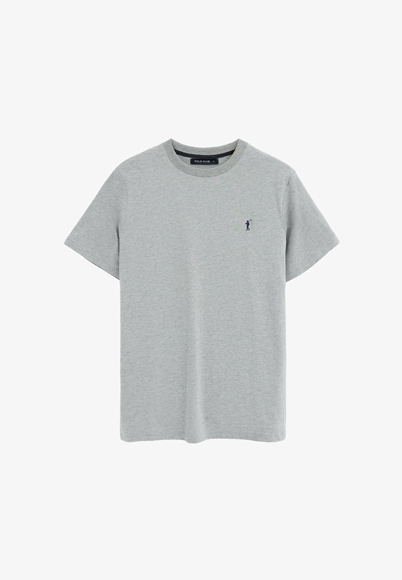 T-shirt grigio chiaro a maniche corte con scollo a girocollo e piccolo logo scuro di giocatore di polo sul petto a sinistra.
