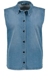 Denim sleeveless shirt in light blue, featuring a pointed collar, front button closure with black buttons, and a smooth texture.