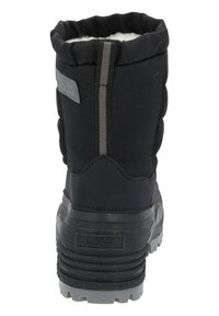 Stivale in tessuto nero invernale con colletto imbottito, design a strati e suola in gomma. Presenta accenti grigi e una presa testurizzata sulla suola.