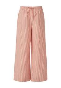 Pantalons larges à rayures roses et blanches avec une taille élastique et un cordon de serrage, fabriqués dans un matériau en coton doux et d'une coupe décontractée.