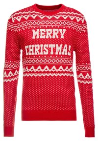 Rode gebreide trui met de tekst "MERRY CHRISTMAS" in wit, met decoratieve patronen en geribbelde manchetten en zoom.