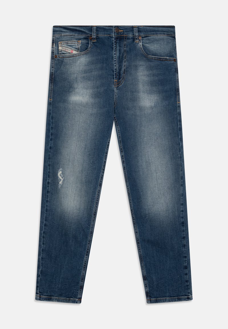 Dark blue denim jeans with faded areas, a small distressed patch, five pockets, and a button and zipper closure. Classic straight leg design.