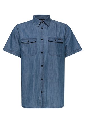 Blaues Chambray-Hemd mit kurzen Ärmeln, Knopfleiste, zwei geknöpften Brusttaschen und spitzem Kragen.