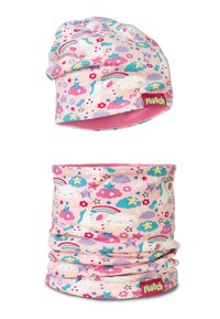 Gorro y bufanda para niños de color rosa con patrones de unicornio, arcoíris, nube, estrella y flor, con una etiqueta roja que lleva el logo "reusch".