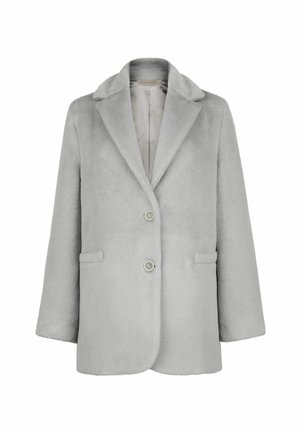 Cappotto in pelliccia sintetica grigia con collo a scollatura, due tasche frontali e due bottoni. Tessuto morbido e design minimale.
