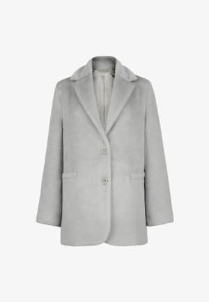 Grå faux fur frakke med notched krave, to forlommer og to knapper. Blød tekstur og minimalistisk design.