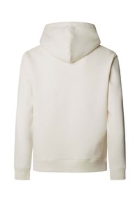 Crème-kleurige hoodie met een zachte textuur. Beschikt over lange mouwen, een kangoeroezak en ribgebreide boorden en zoom.