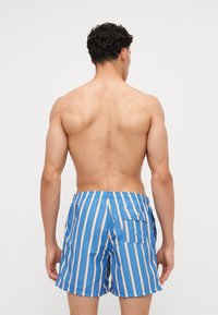 Blue and white striped swim shorts with an elastic waistband, back pocket, and smooth fabric texture. Design features vertical stripes.