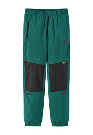 Zielone i czarne wodoodporne spodnie outdoorowe z elastycznym pasem i mankietami, boczną kieszenią na zamek oraz wzmocnionymi panelami na kolanach.