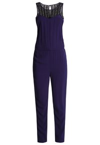 Combinaison sans manches de couleur violet foncé avec un encolure en dentelle et un dos clé, une taille élastique et un pantalon à jambes droites.