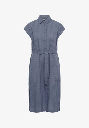 Button-up dress in a slate blue hue, featuring short sleeves, a belted waist, and subtle vertical textured stripes. Side slits included.