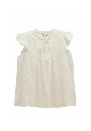 Biała bluzka bez rękawów z zakładkami, bufkami z falbanką i wiązaniem z przodu przy okrągłym dekolcie, rozłożona na płasko na białym tle.