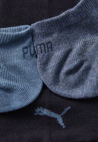 Blå och mörk marinblå strumpor med ribbad textur. "PUMA"-logotyp och ikonisk puma-grafik tryckt i kontrasterande färger. Mjukt material.