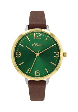 Runde Uhr mit grünem Zifferblatt, goldfarbenen Stundenmarkierungen und braunem Lederarmband. Verfügt über ein silbernes Gehäuse und ein Logo auf 12 Uhr.