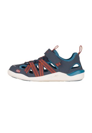 Closed-toe navy blue and orange sports sandal with adjustable strap, white sole, and Norwegian flag detail on the toe area.