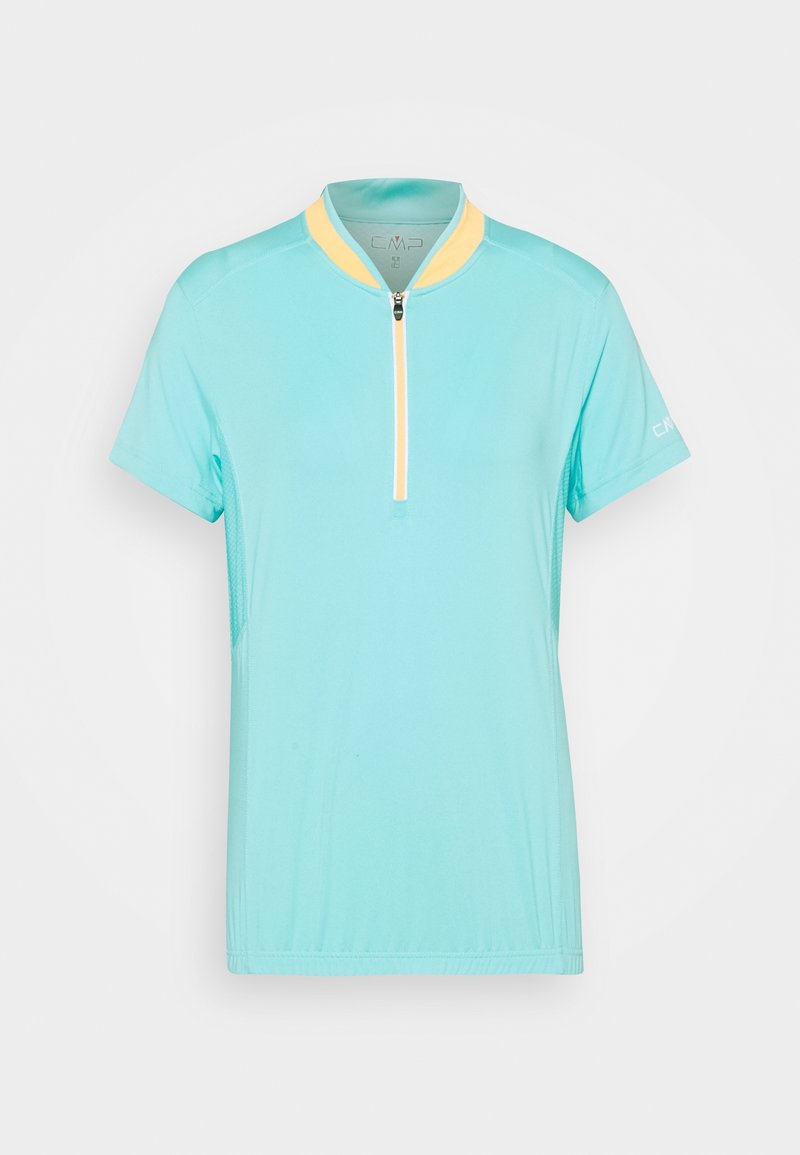 Turkusowa koszulka z krótkim rękawem z żółtym kołnierzykiem, z zamkiem błyskawicznym z przodu i przeszyciami dekoracyjnymi. Wykonana z lekkiego, gładkiego materiału.