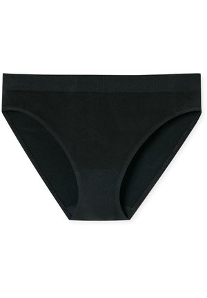 Slip di cotone nero con una texture liscia. Presenta un ampio elastico a coste in vita e aperture delle gambe a taglio classico, offrendo una copertura totale.