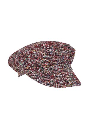 Multikleurige tweed pet met een korte rand en een klein decoratief metalen embleem aan de zijkant.