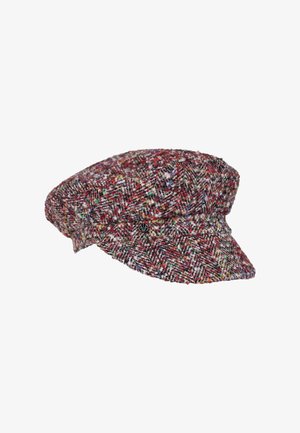 Multicolored tweed flat cap with short brim and small decorative metal emblem on the side.
