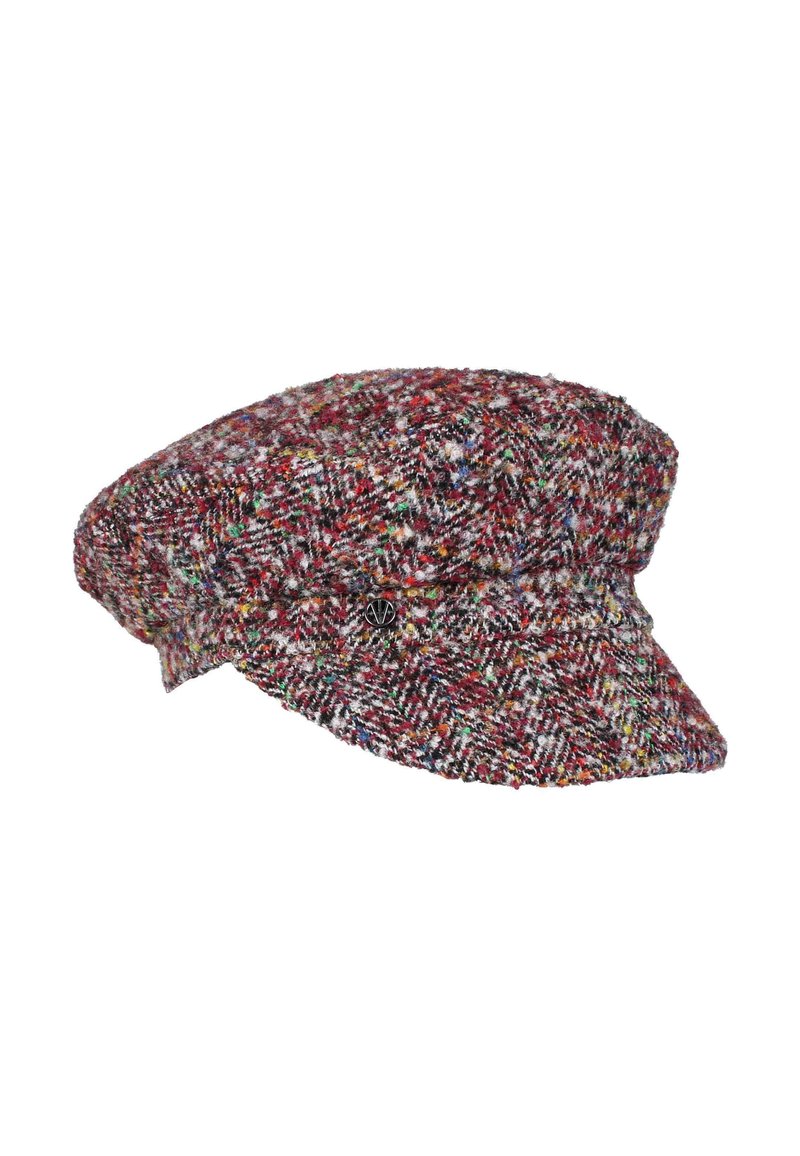 Multikleurige tweed pet met een korte rand en een klein decoratief metalen embleem aan de zijkant.