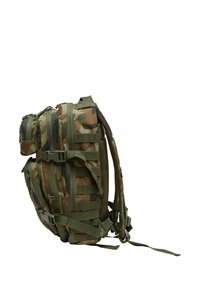 Camouflage backpack made of durable fabric, featuring multiple zippered compartments, adjustable straps, and reinforced buckles.