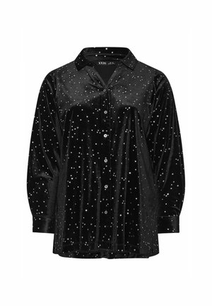 Camicia in velluto nero con colletto, caratterizzata da un motivo di piccoli accenti argentati a forma di stella, maniche lunghe e chiusura con bottoni frontale.