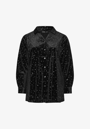 Zwarte fluwelen shirt met een kraag, voorzien van een patroon van kleine zilveren steraccenten, lange mouwen en knoopsluitingen aan de voorkant.