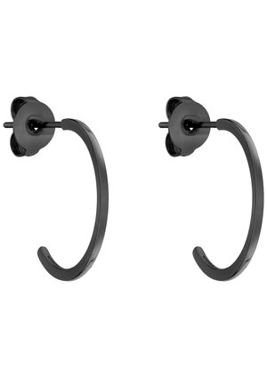 Pair of small, thin black metal hoop earrings with butterfly back fasteners on a white background.